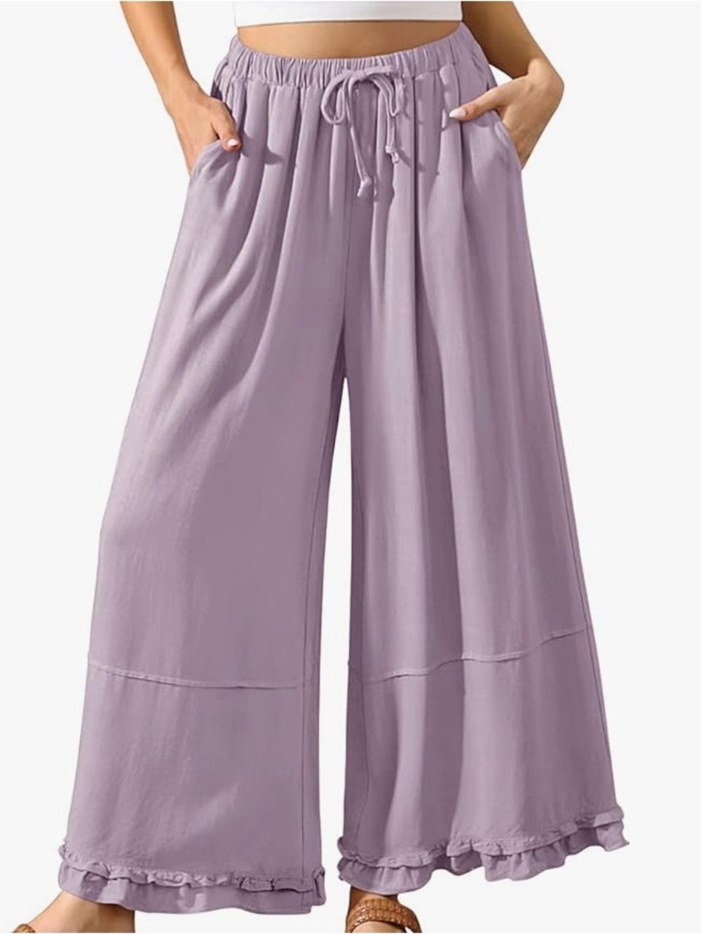 Tarse Linen Wide Leg Ruffle Pants with Pockets